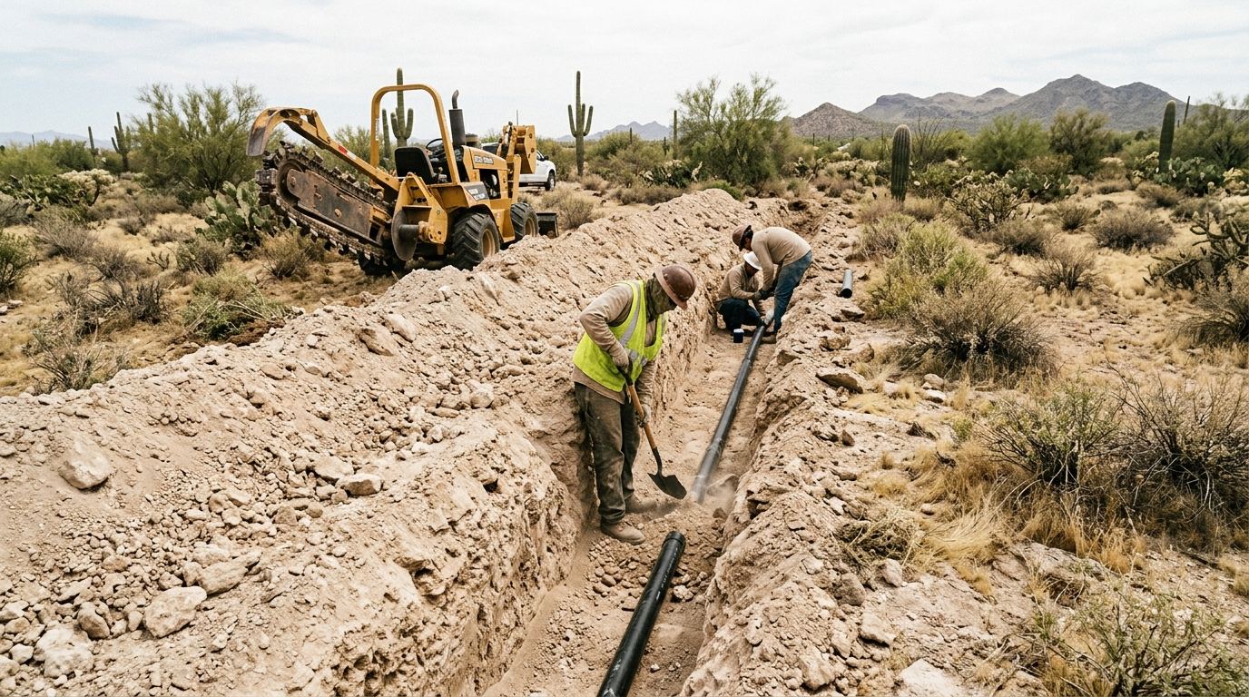 Trench cut through hard cemented caliche to reach an Arizona sewer lateral