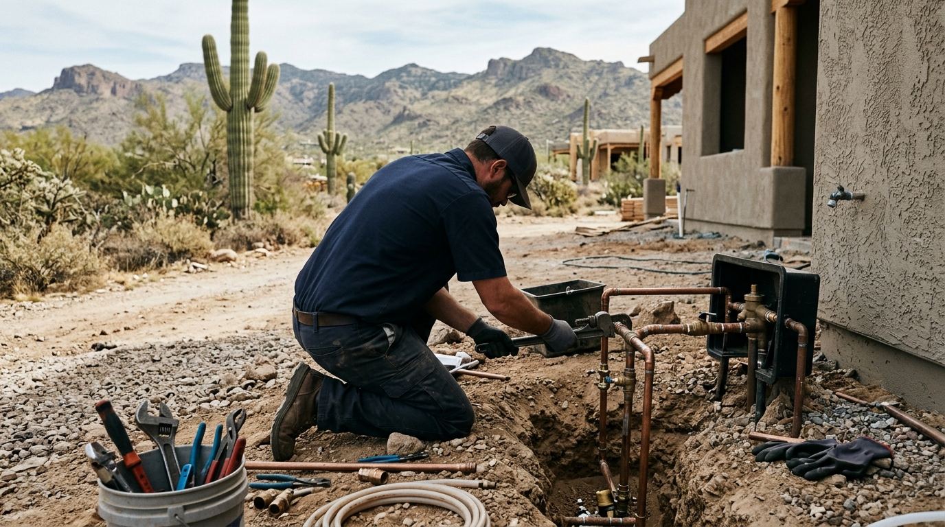 Plumber working on a residential water line in Arizona