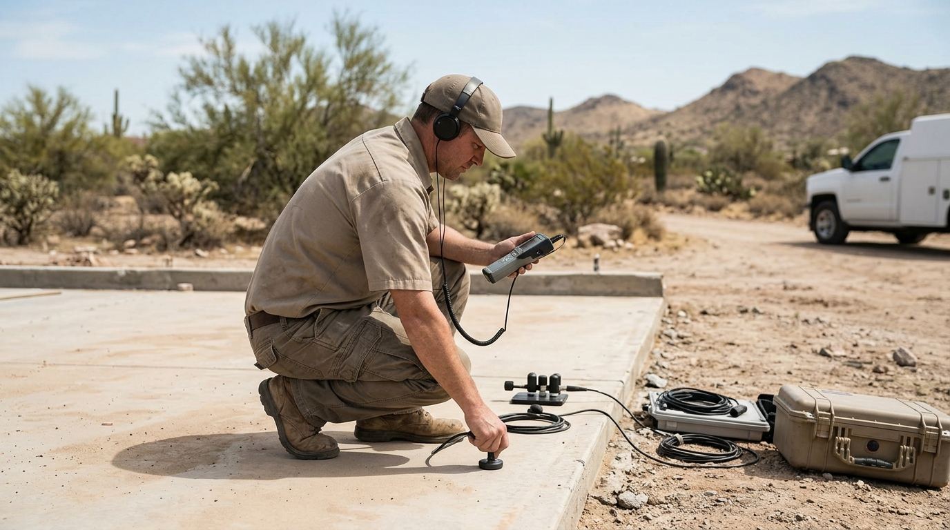 Technicians locating a supply line leak beneath an Arizona concrete slab with acoustic equipment