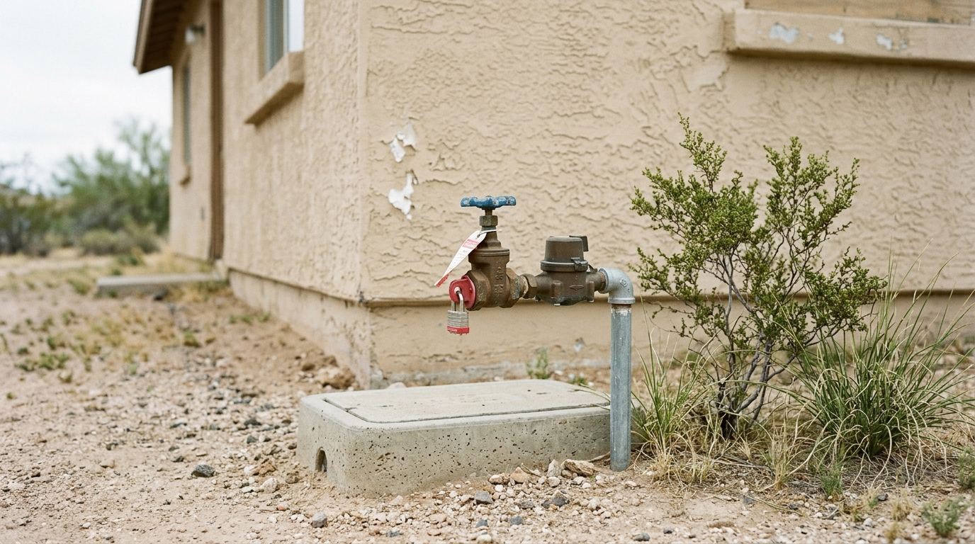Water service valve closed, tagged and locked at an Arizona home closing up for the summer